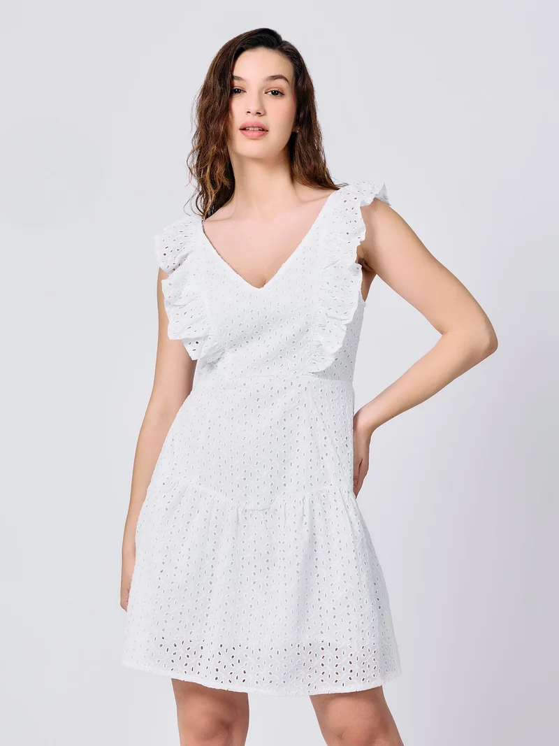 OUTZIDR White Ruffle Sleeved Mini Dress